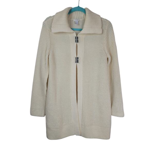 Chico's Women's Chunky Long Knit Cardigan Cream Ivory Sweater Size 1 Small - Picture 1 of 8